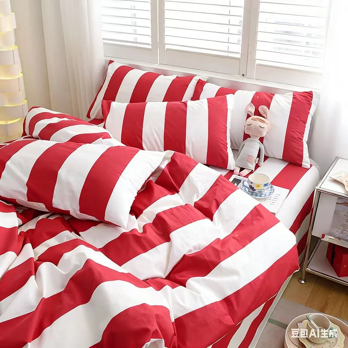 Red Striped Duvet Cover Set with Two Pillowcases