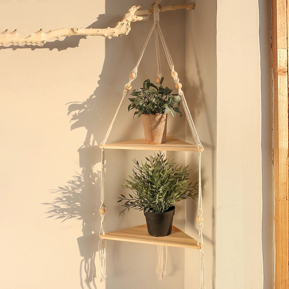Triangle Wood Floating Wall Shelf with Macrame Rope