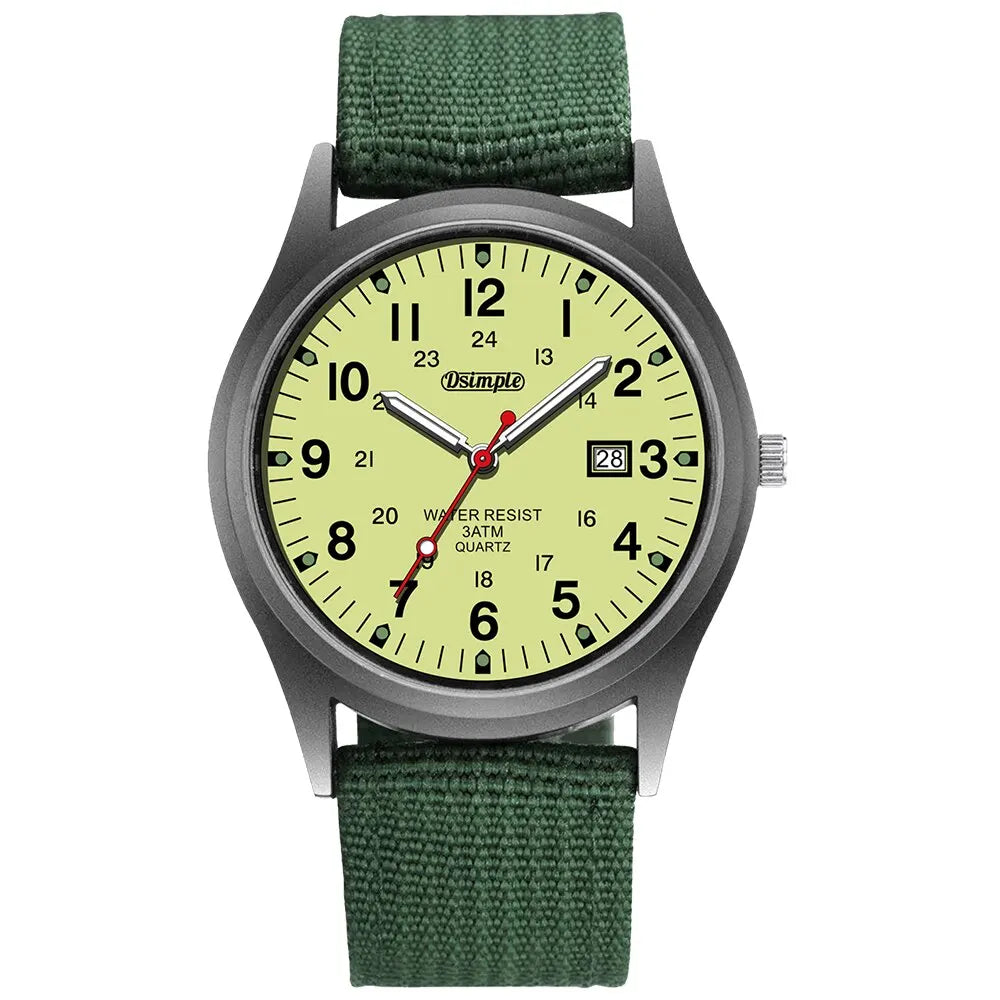 A dark green military-style quartz wristwatch with a silver case and matching nylon strap.