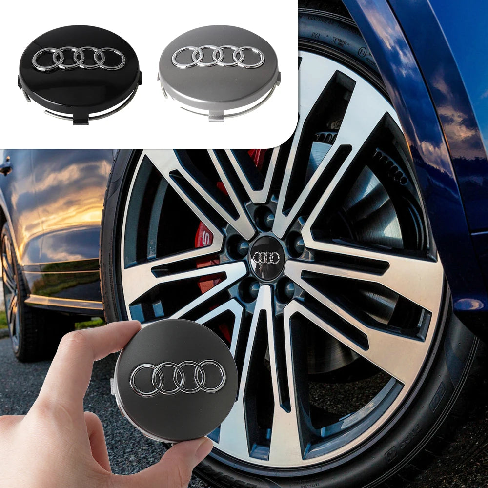 A black decorative hub cap for an Audi wheel, shown with and without the cover.