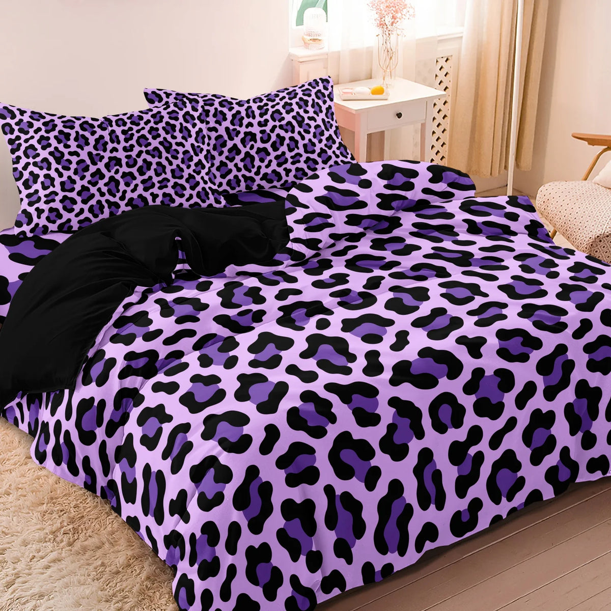Dark Leopard Print Duvet Cover Set with Two Pillowcases