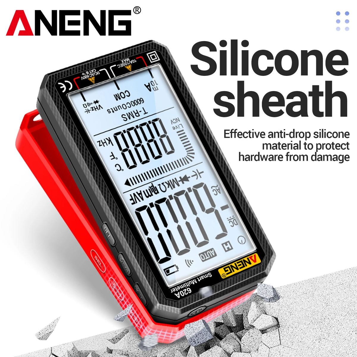 A black digital multimeter with a silicone sheath is shown on a white background.