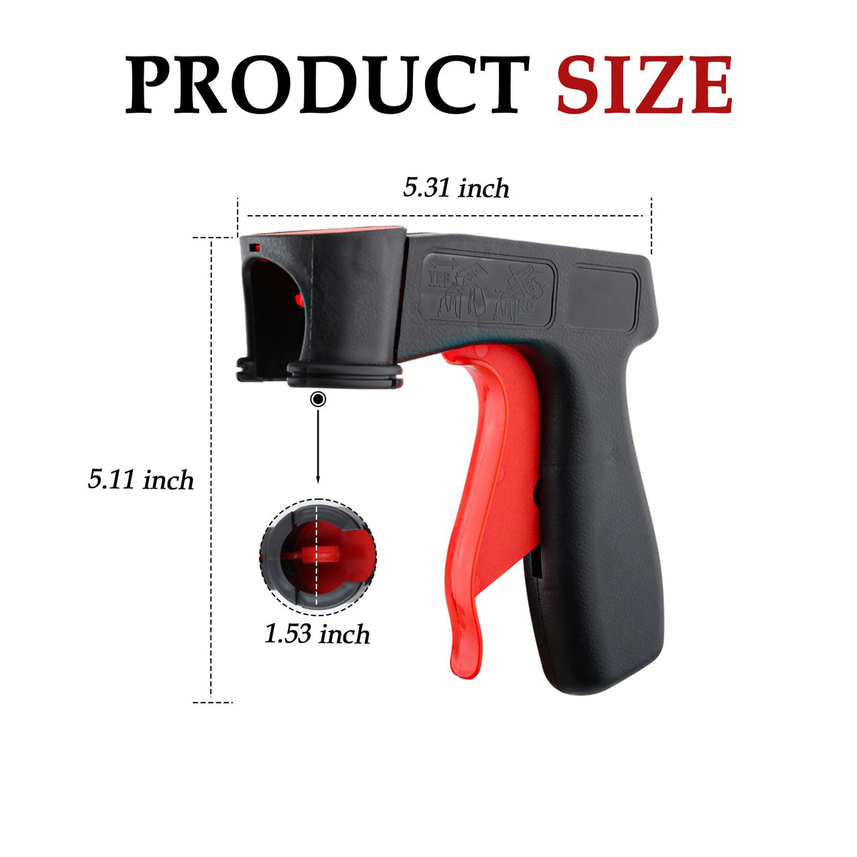 A black and red reusable spray can trigger handle with dimensions marked.