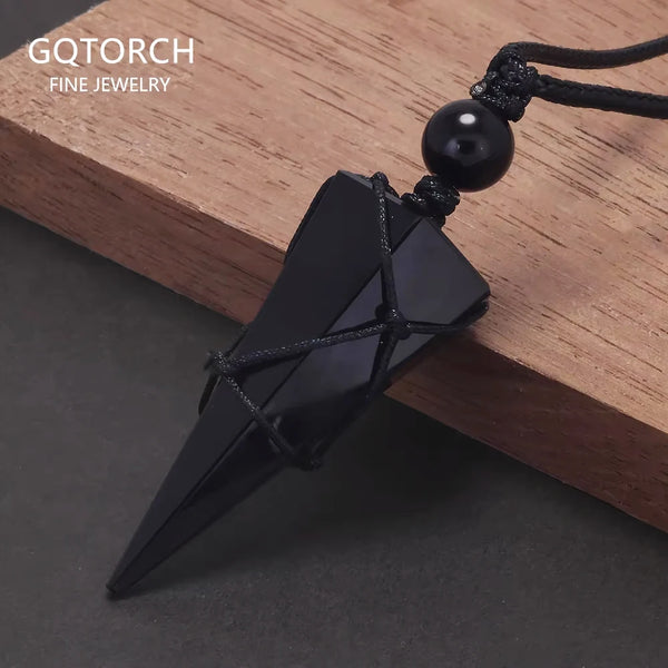 Geometric Natural Stone Pendant Necklace with Adjustable Leather Cord