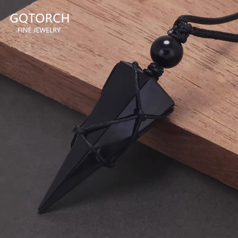 Geometric Natural Stone Pendant Necklace with Adjustable Leather Cord