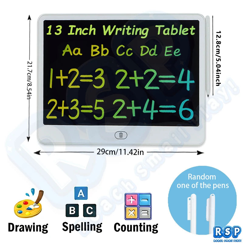 A white 13 inch LCD writing tablet displaying numbers and letters for drawing, spelling, and counting activities.