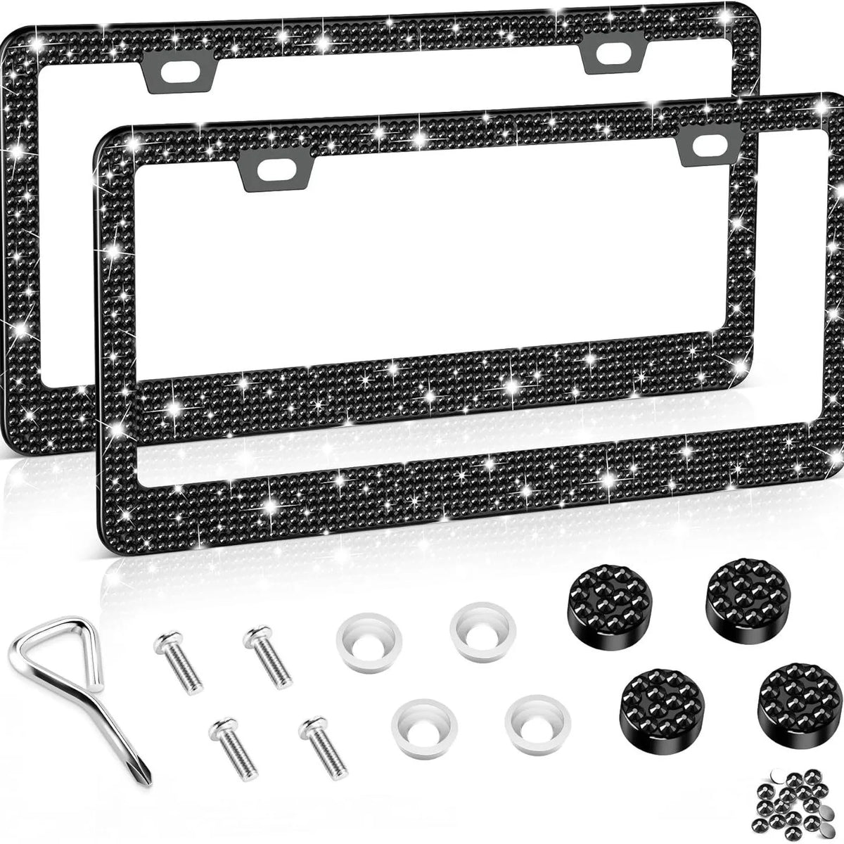 Crystal Rhinestone License Plate Frame with Screw Caps