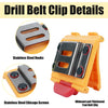 Details of a drill belt clip featuring stainless steel hooks and Chicago screws on an orange holder.