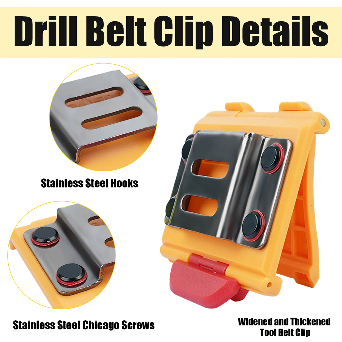 Details of a drill belt clip featuring stainless steel hooks and Chicago screws on an orange holder.