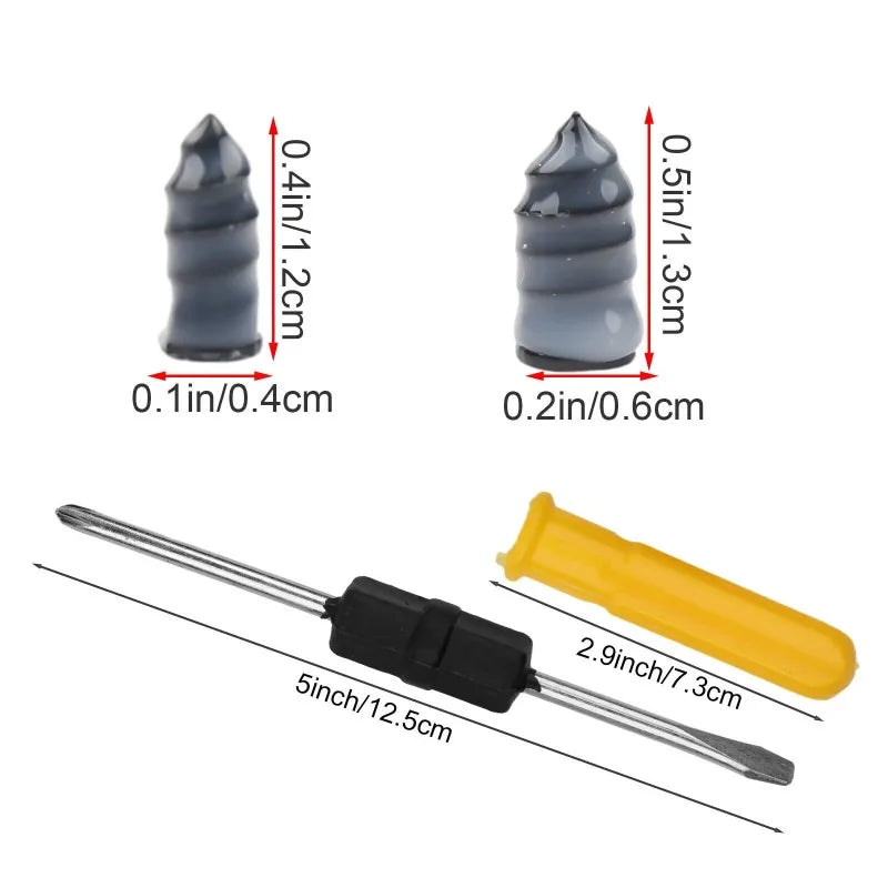 A set of tubeless tire puncture repair kit including a screwdriver and storage case with various sized metal tools.