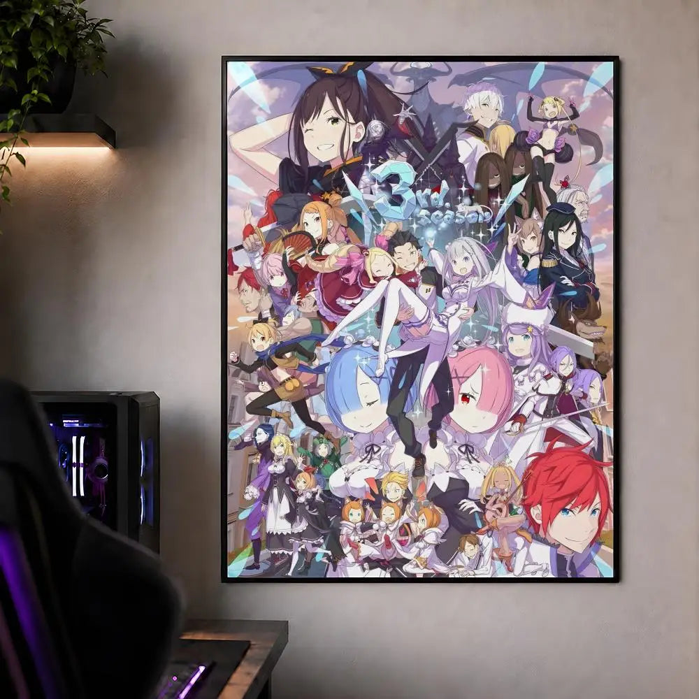 A vibrant anime poster featuring multiple characters from Re:Zero in a dynamic composition.