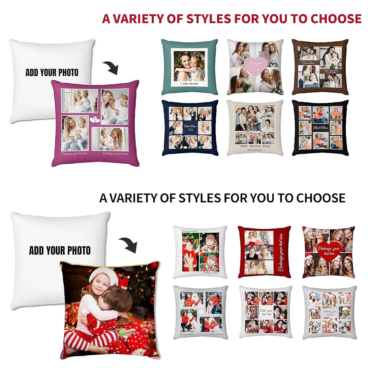 A variety of personalized photo throw pillow covers featuring various styles and designs.