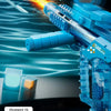 A blue electric water gun is shown firing a stream of water with a muzzle flame effect against a dark background.