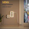A wall charger outlet with a night light and USB ports is shown plugged into a power cord on a wooden surface.