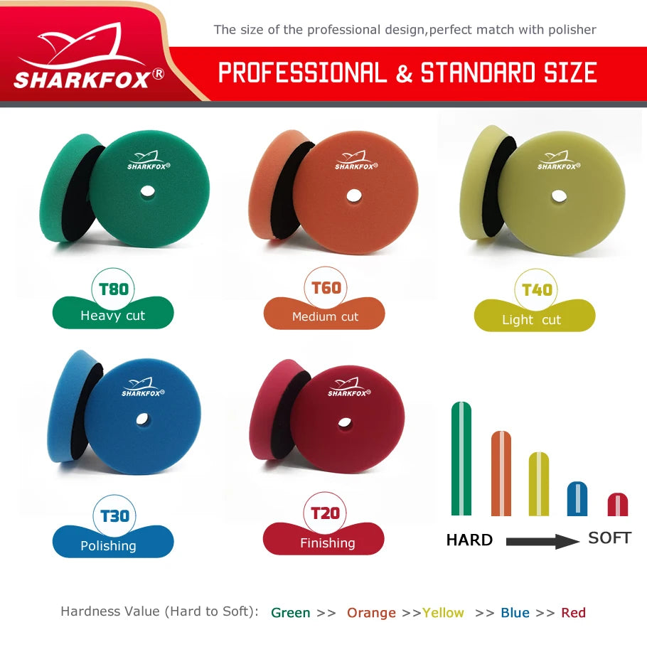 Sharkfox professional and standard size polishing sponge pads with various hardness levels including T80, T60, T40, T30, T20,