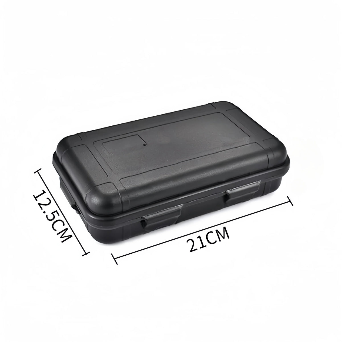 Black waterproof sealed storage box with dimensions 12.5cm by 21cm.