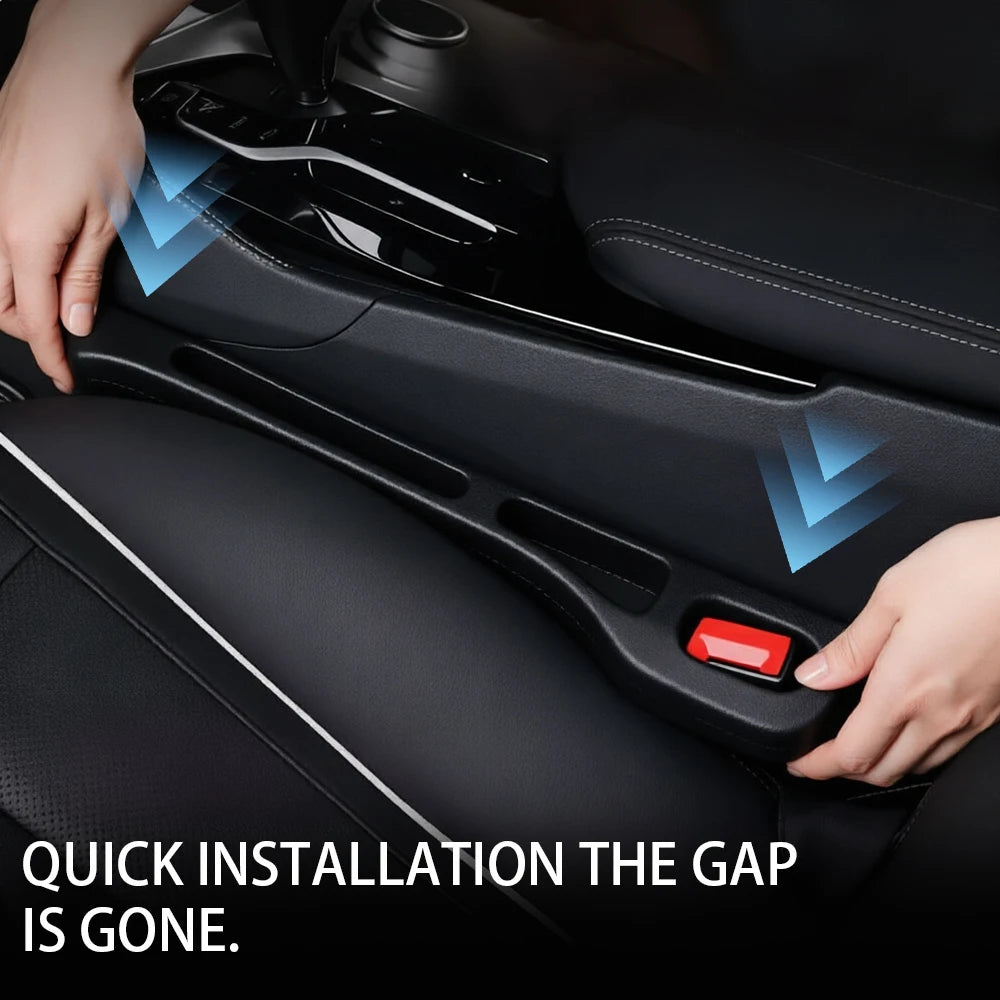 Hands are installing a car seat gap filler organizer into the interior of a car seat.