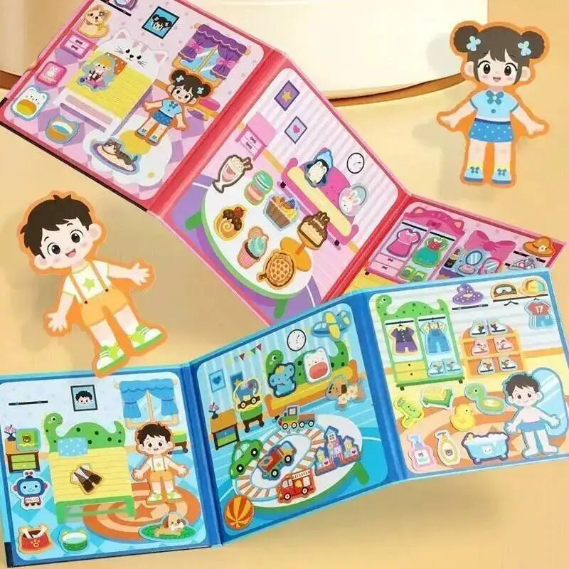 A colorful magnetic dress-up quiet book for kids showing various character and clothing options.