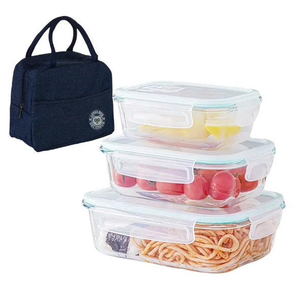 Un juego de recipientes transparentes de vidrio para comida preparada y una bolsa de tela azul marino para almacenamiento de 