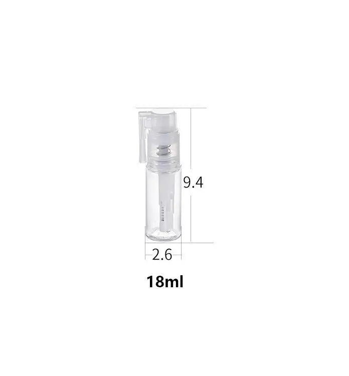 A clear refillable fine mist spray bottle with a white cap, showing dimensions of 9.4 by 2.6 cm and a capacity of 18ml.