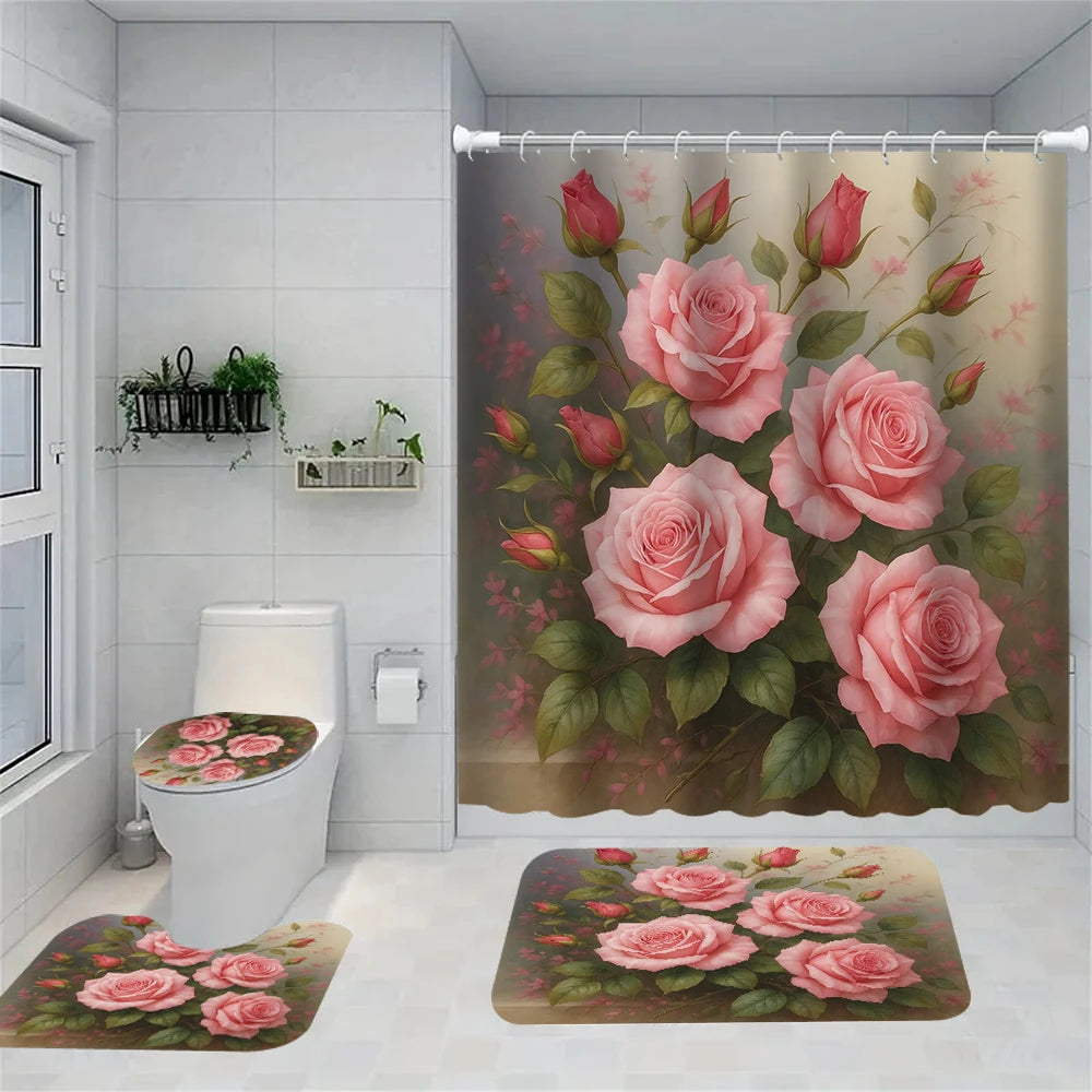 Peony floral bathroom shower curtain set featuring a large pink rose design and matching rug and toilet cover