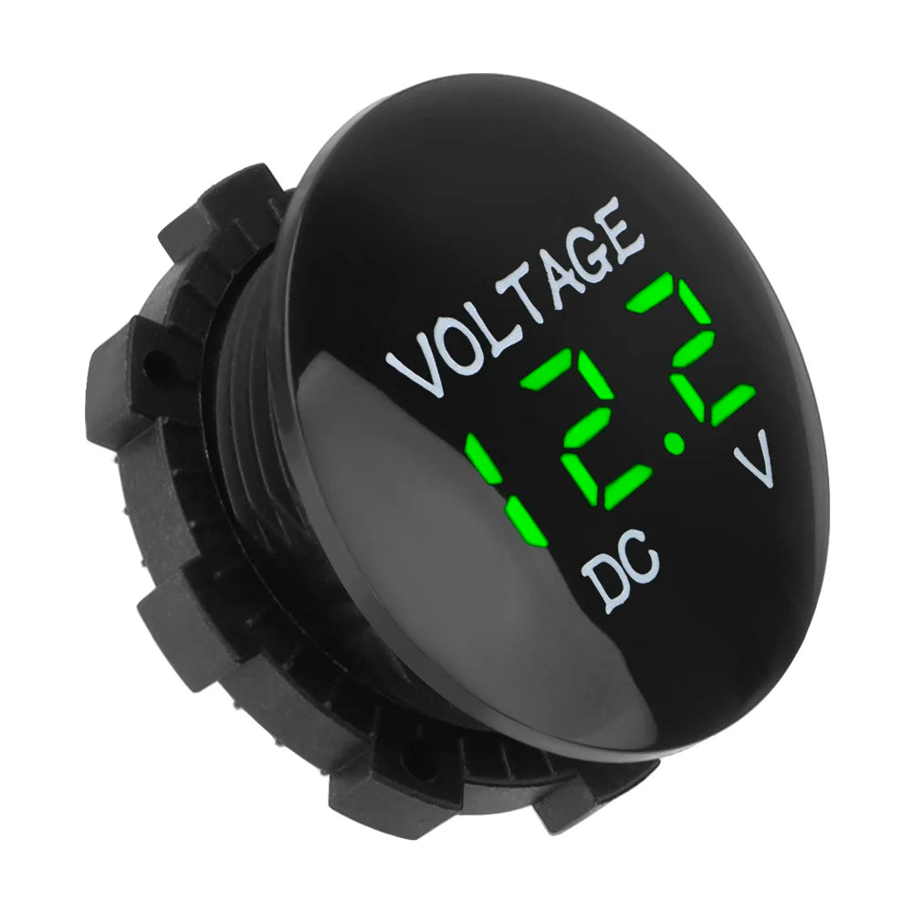 Black LED digital voltmeter displaying 12.2V DC voltage.