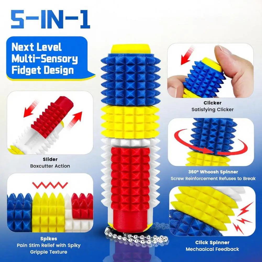 A multi-sensory fidget design featuring silicone rollers with spikes, sliders, and spinners for stress relief.