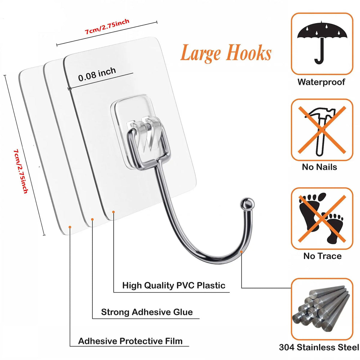 Clear adhesive hooks with a metal hook and protective film for waterproof mounting