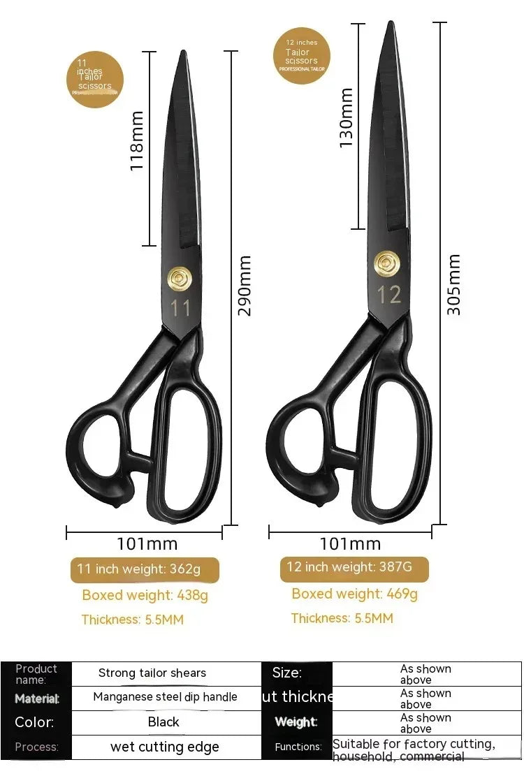 A pair of black professional heavy-duty fabric shears with 11 and 12 inch sizes shown against a white background.