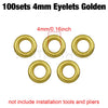 A set of 100 golden 4mm eyelets for crafting and projects.