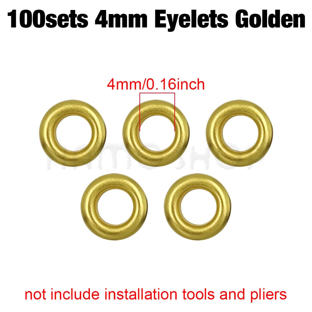 A set of 100 golden 4mm eyelets for crafting and projects.
