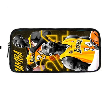A black zippered pouch featuring a graphic of a basketball player in a yellow Lakers jersey.