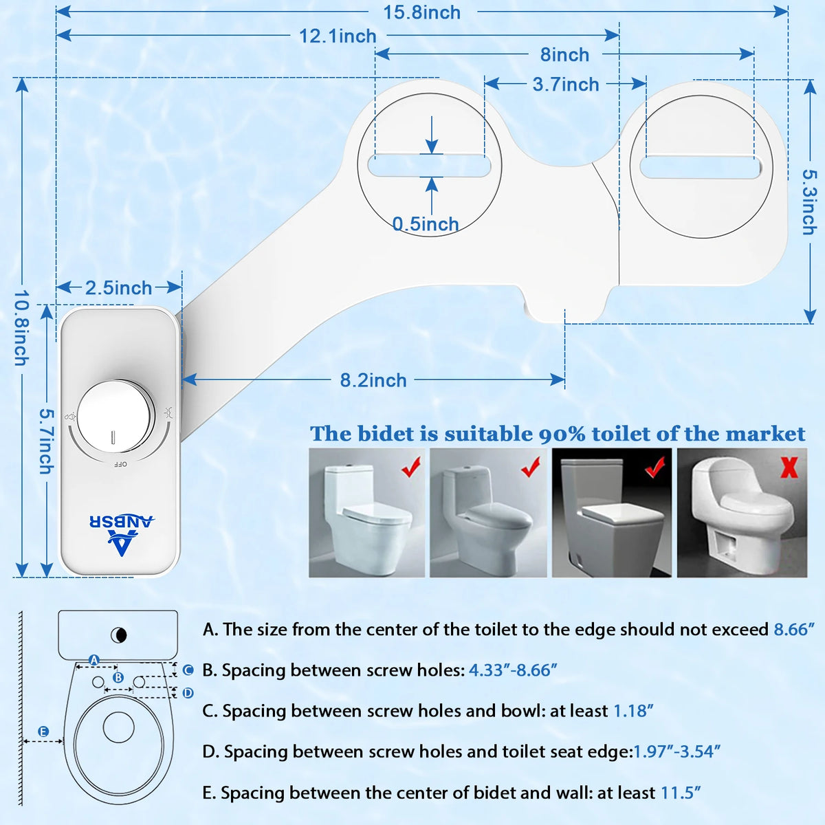 Diagram showing the dimensions and placement guidelines for a bidet toilet seat attachment.