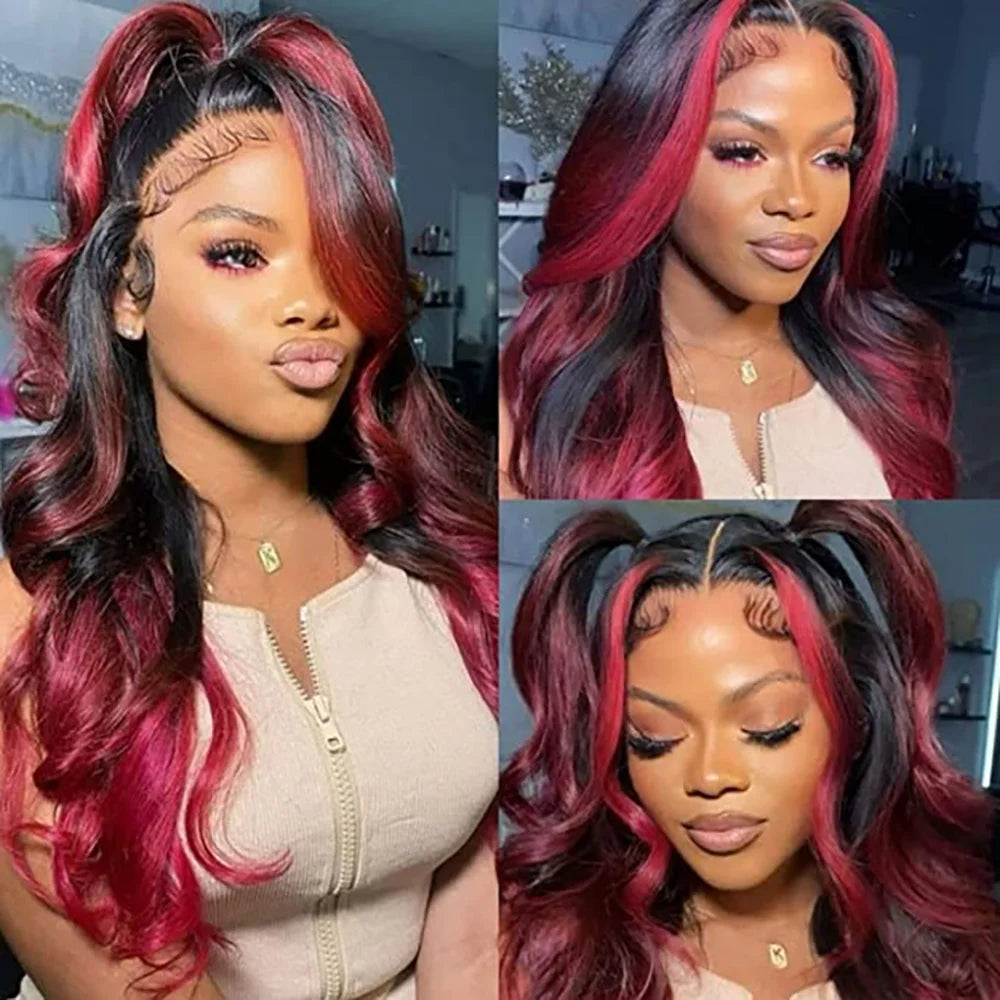 Bordeaux Body Wave Spitzen-Vorderhaut-Perücke