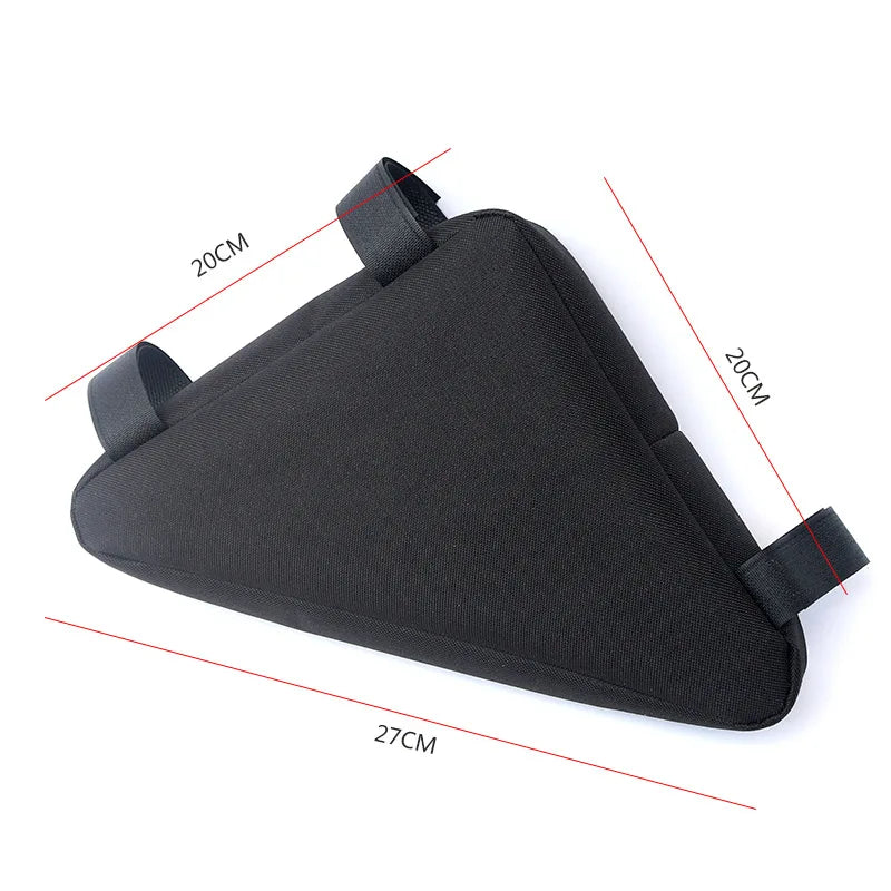 Black waterproof bike frame bag with velcro straps shown from the side.