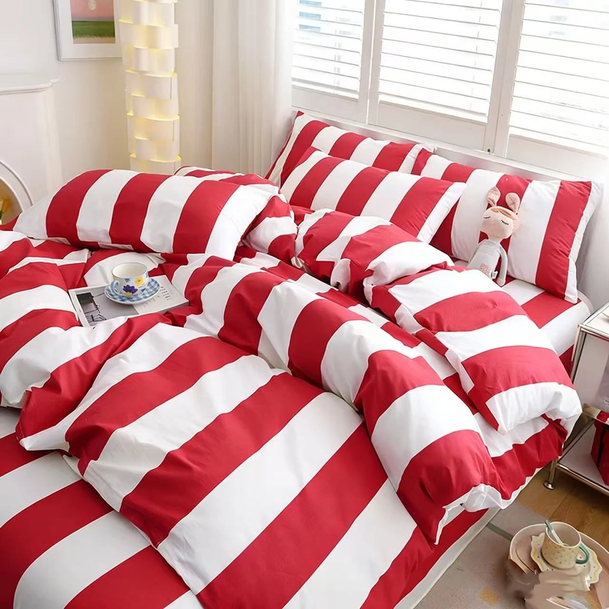 Red Striped Duvet Cover Set with Two Pillowcases