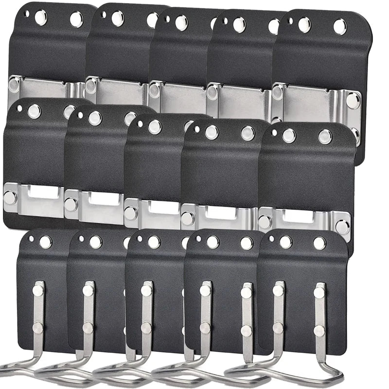 A set of black clip-on tool belt holsters designed for drills and power tools.