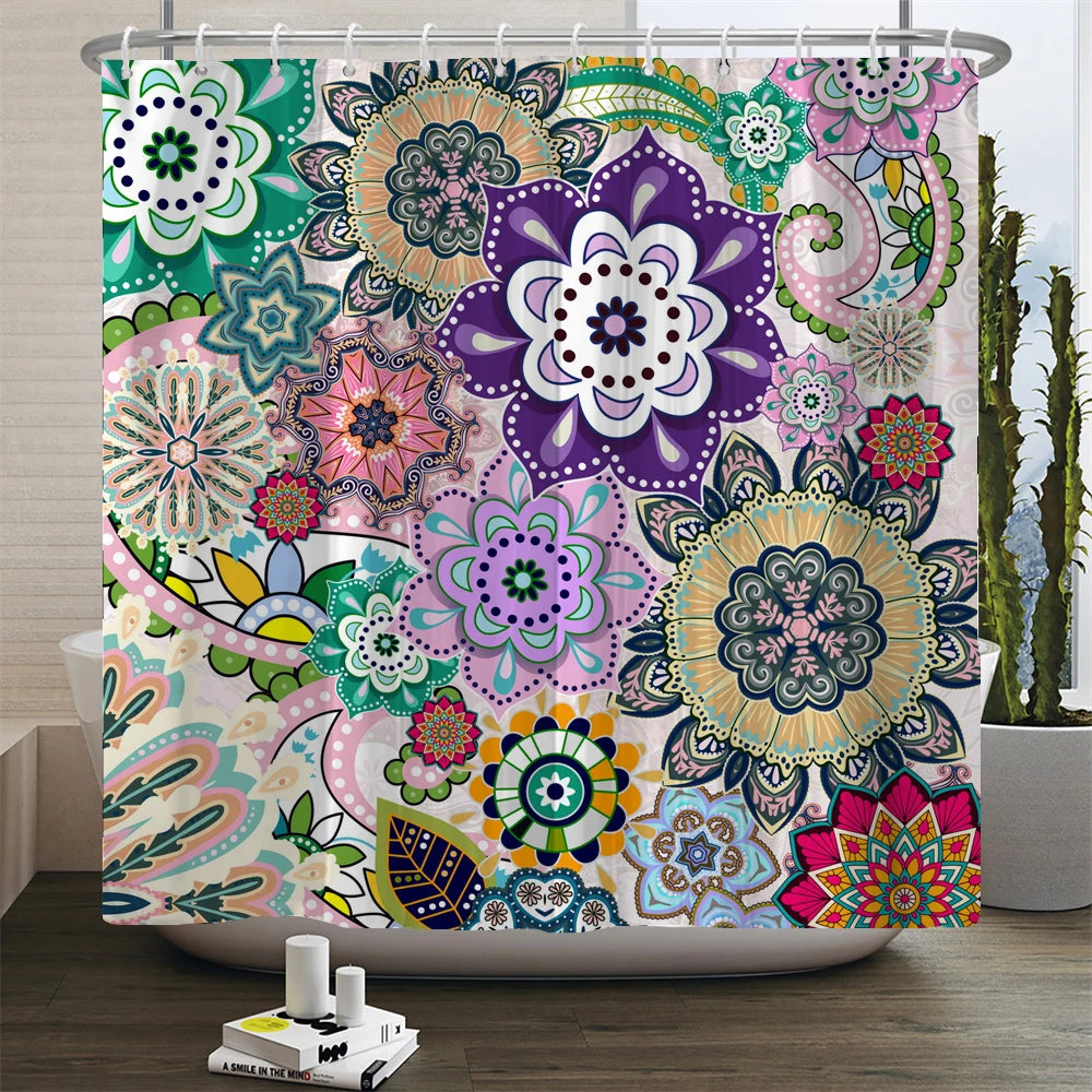 Mandala Boho Shower Curtain with Floral Print