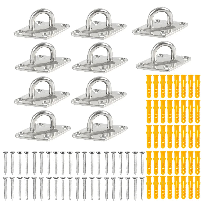 Stainless steel U-shaped hooks and mounting hardware in silver and yellow colors.