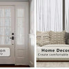 A white door with frosted stripe privacy window film, next to a living room setting.