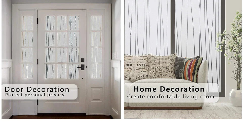 A white door with frosted stripe privacy window film, next to a living room setting.
