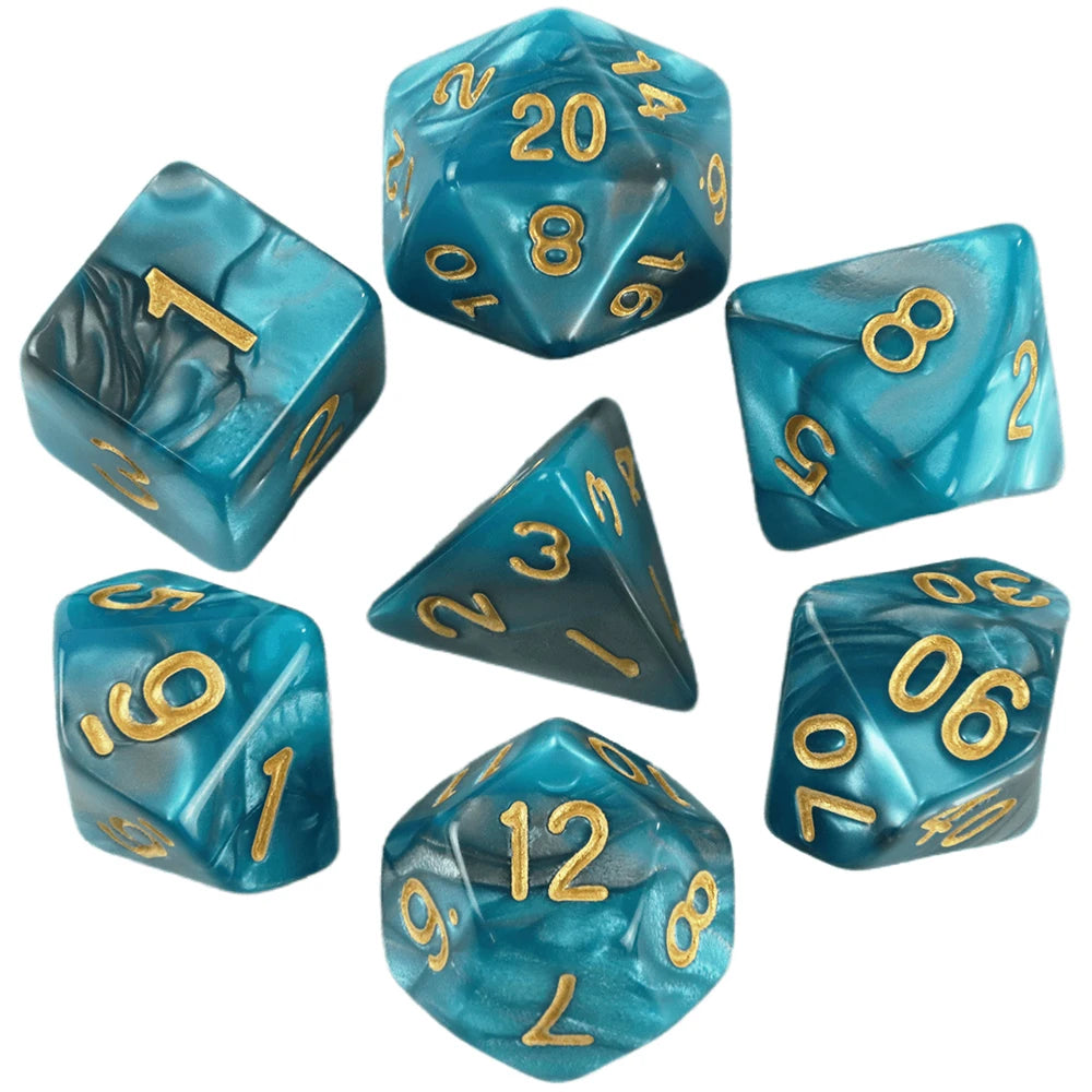 A collection of seven polyhedral dice in various shades of teal and blue.