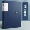 A dark blue A4 expanding file organizer with clear pocket dividers shown in a studio setting.