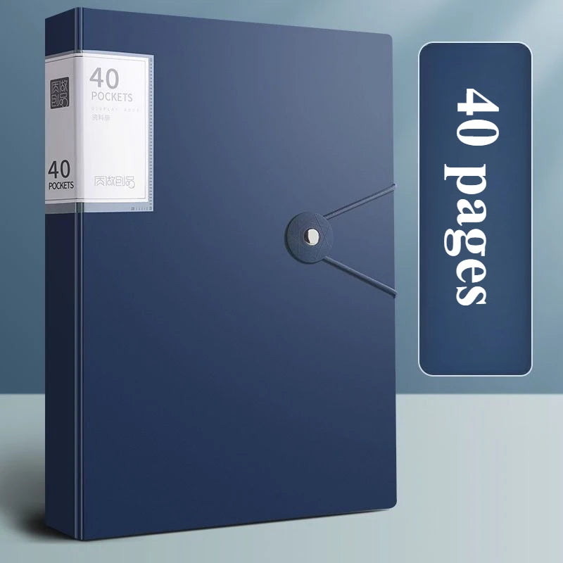 A dark blue A4 expanding file organizer with clear pocket dividers shown in a studio setting.
