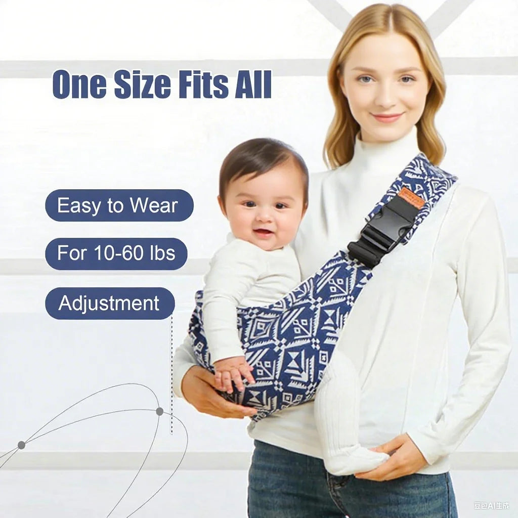 A woman is wearing an ergonomic baby sling carrier designed to fit babies from 10-60 lbs, demonstrating its easy wear and adj