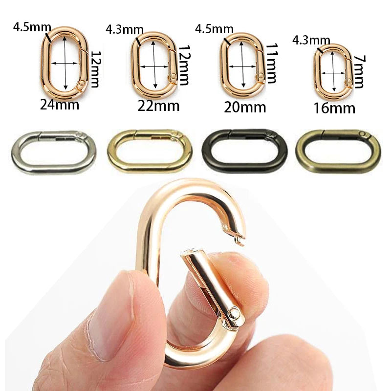 Eine Hand hält eine goldfarbene ovale Feder O-Ring-Schnalle, die ihre Größe und Form zeigt.
