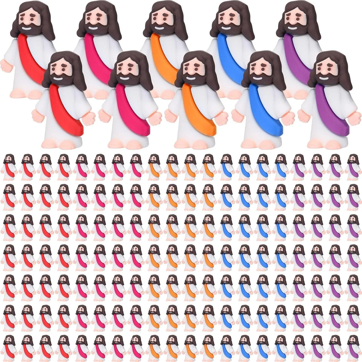 A collection of mini Jesus figurines in various colors including white, pink, orange, and blue.