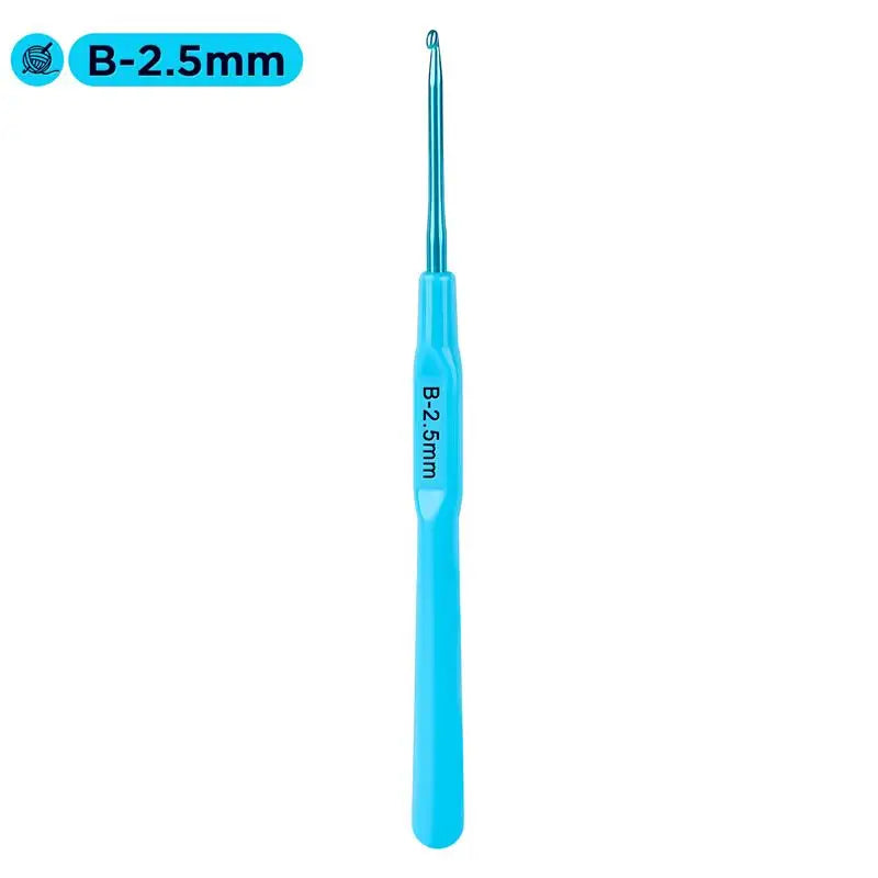 A single blue B-2.5mm crochet hook with an ergonomic handle.