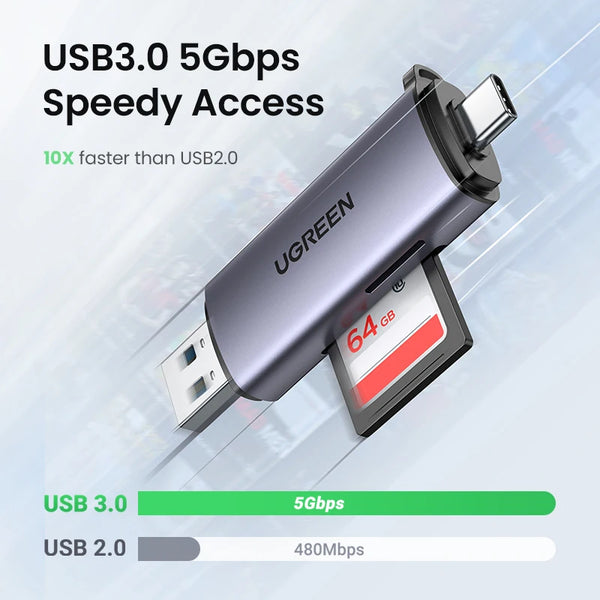 محرك أقراص UGREEN فضي USB 3.0 بسعة 64 جيجابايت بجانب مقارنات لسرعات USB 3.0 و USB 2.0
