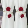 Elegant red rose pattern curtain tiebacks with adjustable gold metal buckles and pearl accents